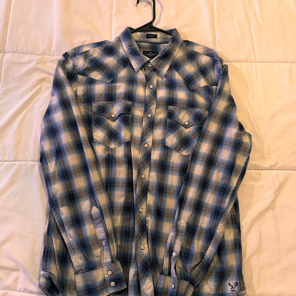 American Eagle Outfitters Blue and Tan Plaid Shirt